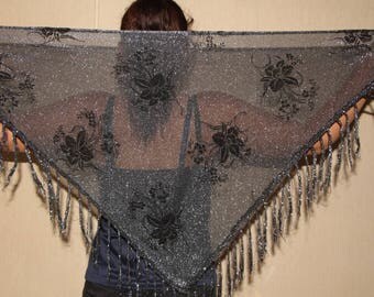 Black silver scarf metallic shawl fringed shawl bohemian shawl lurex gypsy shawl silver metallic triangular shawl evening scarf Belly Dance