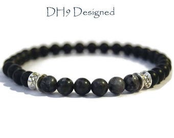 Mens Matte Black Onyx and Larvikite Bracelet - Mens Gemstone Bracelet - Mens Beaded Bracelet - Mens Onyx bracelet - Fathers Day bracelet