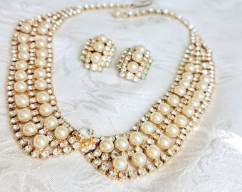Vintage Pearl Rhinestone Bridal Set, Bib collar Rhinestone Pearl Necklace and Clip on Earrings, Vintage Wedding Jewelry, Vintage Bridal Set