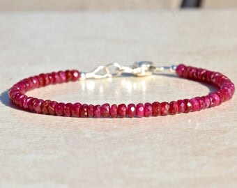 Ruby Bracelet, July Birthstone Bracelet, Beaded Bracelet, Natural Ruby Gemstone Bracelet, Silver Charm, Gift for Her, Stacking Bracelet