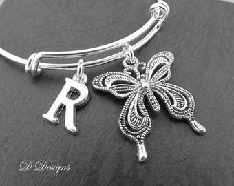 Butterfly Bangle, Personalised Butterfly Jewellery, Personalised Letter Bracelet, Gifts for Her