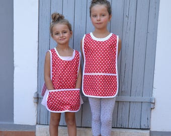 Girls 2-4 years Cotton Art Smock Red with White Polka Dot Painting Apron Tablier Maternelle Ecolier Fille Petit Pois Rouge avec Blanc 2-4 An