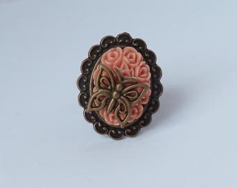 butterfly cameo retro ring bague vintage camée papillon et roses victorien
