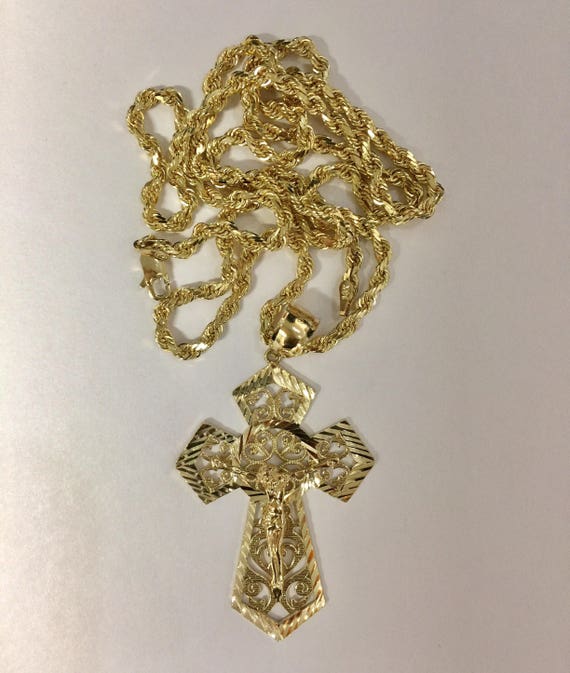 14k solid gold Jesus cross crucifix M pendant & Rope chain
