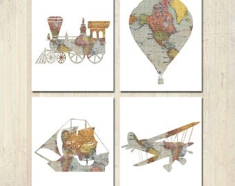 Nursery Decor - Travel Theme Nursery - Baby Shower - Vintage Map Prints - Nursery Wall Art - Hot Air Balloon Nursery - Train Nursery Decor