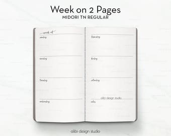 Week on 2 Pages, Midori TN Regular, Travelers Notebook, Midori Inserts, Weekly Planner, Traveler's Notebook Standard, Undated Planner