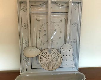 Vintage spoon rack / German / white/grey / art deco / enamel / kitchen decor