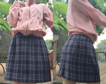 70's Blue Plaid Wool Mini Skirt