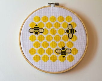 Honeycomb Cross Stitch Hoop Art, Bees, Hive, Yellow