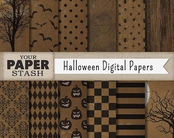 Halloween Digital Paper, Halloween Scrapbook Paper, Spooky Digital Background, Textured Kraft Paper, Bats, Spiders, Pumpkins, Commercial Use