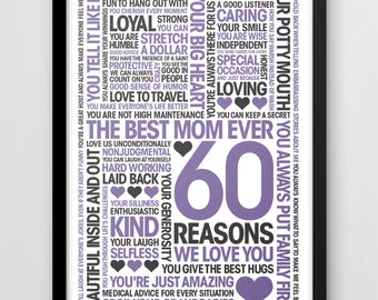 60th Birthday Print, 60 Reasons We Love You, Personalised print, Custom design, mums 60th,