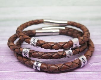 Mens Leather Bracelet - Custom Mens Bracelet - Gift for Dad Ideas - Bracelets for Him - Kids Name Bracelet for Men - Unique Gift bday