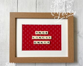 Amor vincit omnia, totus tuus, si vis amari ama, Latin love quote scrabble frame, scrabble tile decor, romantic latin quotes, gift for wife