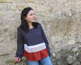 Bohemian blouse dark blue and orange printed polka dots and broderie anglaise gathered blouse