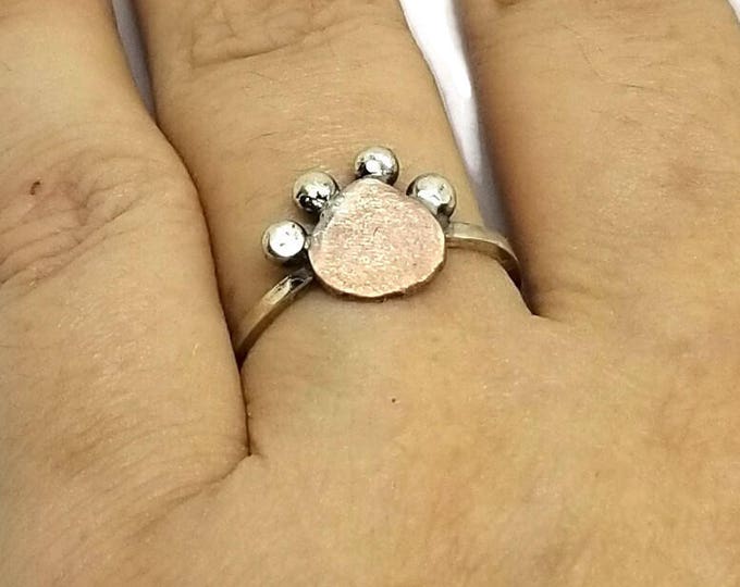 Mixed Metal Paw Print Ring, Sterling Silver Pet Lover Ring, Copper Paw Print Ring, Unique Birthday Gift, Gift for Dog Lovers, Gift for Her