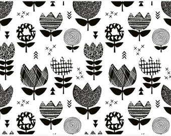 Monochrome Doodle Tulipe in White Cotton Jersey