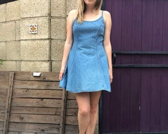 Vintage 90's Denim Skater Dress - Vintage Summer Jean Dress - Mini Denim Sun Dress - Fit and Flare Skater Dress - Medium