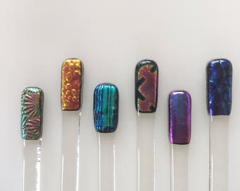 Set of six dichroic fused glass swizzle sticks