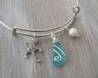 Handmade in Hawaii, wire wrapped blue sea glass bracelet, Sea glass jewelry, Starfish charm, Fresh water pearl, Hawaiian jewelry.