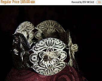 ON SALE stunning rare chunky 1920s early mexican sterling silver filigree 3d flower bracelet 7 inches