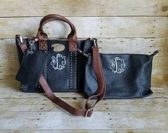 Monogrammed Purse and cosmetic Grommet bag 2pc set in Black - Personalized handbags