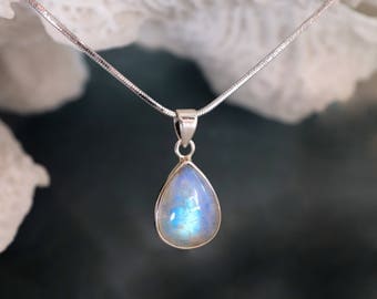 Moonstone Necklace - June Birthstone Necklace, Rainbow Moonstone Silver Pendant, Teardrop Moonstone Necklace for her, Pear Shaped Gemstone