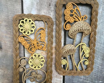 Vintage mushroom butterfly wall decor plastic resin flower retro funky mid century country wall hanging orange yellow