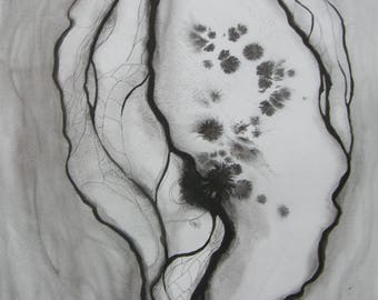 Art abstrait contemporain - Encres sur papier "Fibre" oeuvre originale - encre de chine noire