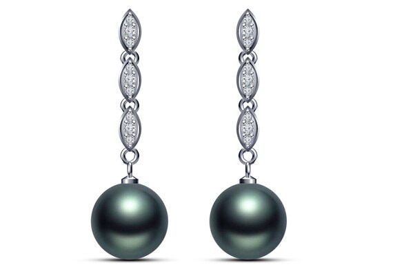 Tahitian Pearl Earrings - 14K White Gold Stud Earrings , Black Pearl Diamond Earrings , Pearl Earrings Wedding Jewelry Wife Gift
