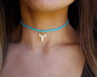 Shark tooth choker, leather choker, suede choker, charm choker, shark tooth charm choker, shark tooth necklace