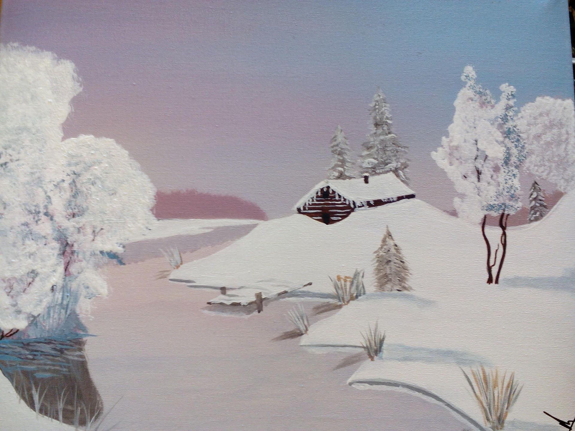Chalet sous la neige peinture acrylique.