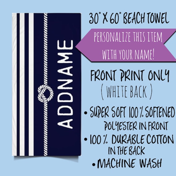 Personalized Beach Towel, Personalized Name Monogram Beach Towel, Navy and White Stripes Rope Knot Beach Towel, Custom Name Beach Towel