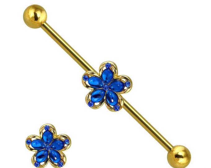 Gold Plated Blue Crystal Stone Flower 316L Surgical Steel Industrial Barbell