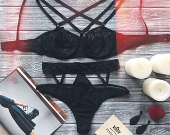 sexy lingerie set, erotic lingerie, lingerie, black underwear, strappy lingerie, see throug lingerie, gift for wife, harness lingerie