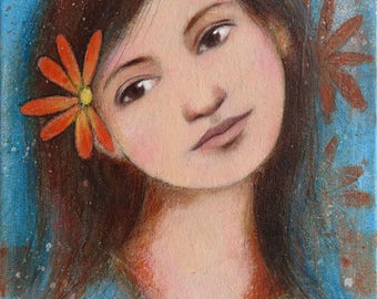 Painting portrait of young brunette "Songe 3" 25 x 30 cm, dream, flower, spring