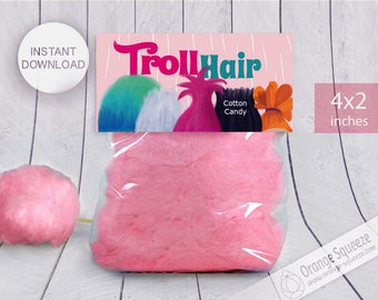 INSTANT DOWNLOAD, Trolls Cotton Candy Label, Treat Bag Toppers, Trolls Hair, Trolls Theme, Trolls Party, Trolls Favor labels, Birthday Party