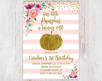 Our little pumpkin is turning one, pink gold pumpkin first birthday invitation, pink sweet pumpkin invite, fall pink and gold invitation 105