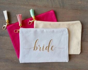Personalized Cosmetic Bag Makeup Bag w/ Tassel Keychain - 8x5.5 inches | Bridal Party Proposal Gift Box | Custom Canvas Pouch | Bridesmaid