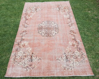 6'6'' x 10'2'' Vintage Oushak Rug, Low Pile Rug, Pink Worn Rug
