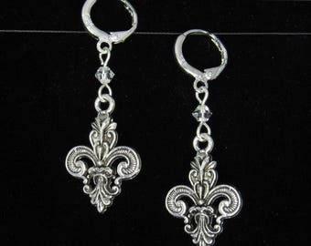 3D Fleur De Lis Charm Sterling Silver Dangle Earrings w/ Swarovski Crystal