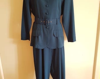 80's - 90's Teal Blue Green Suit with High Waisted Pleated Pants and Belted Jacket AU Size 14