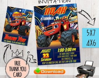 Blaze and the Monster Machines Invitation + free thank you cards. Digital files. Monster Truck Invitation, Truck Printables