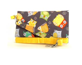 Closeout - Yellow and Gray Owls Cell Phone Wallet and Wristlet