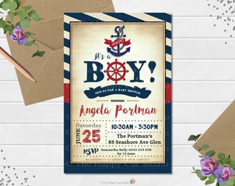 Nautical Baby Shower Invitation, Sailor, Anchor, Baby Boy Shower, Ahoy it's a boy, Red Navy, Personalized, Printable, Digital Print Download