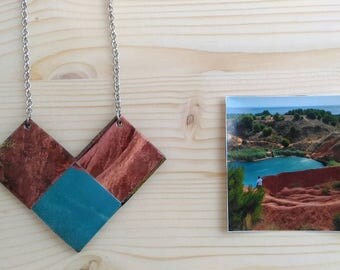 Long necklace made from recycled paper taken from an image of Salento