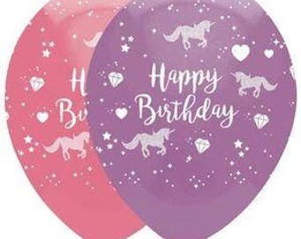 Unicorn Balloons, Pretty Printed Happy Birthday Unicorn Balloons in Pink & Lilac, Unicorn Party, Unicorn Decorations, Pkt of 6 Balloons