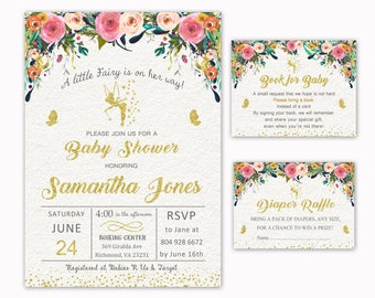 Fairy Baby Shower Invitation, + Book for Baby + Diaper Raffle, Gold Glitter Fairy Invitation, Book for Baby Diaper Raffle PACK
