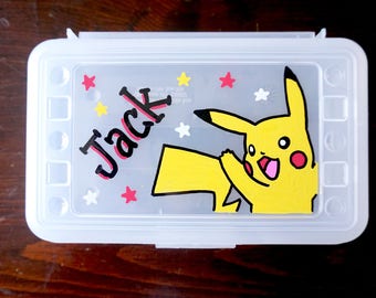 Pokemon Personalized Pencil Box, Pokemon Pencil box, hand painted school supplies storage, personalized kids favor, pikachu party favors