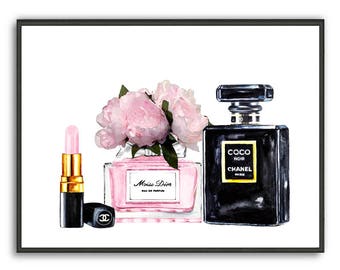 Miss Dior art print Chanel noir perfume poster Chanel lipstick watercolor painting Peony watercolor print Peony painting Fashion art print