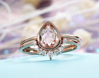 Morganite Engagement Ring Vintage Rose Gold Diamond Wedding ring set Women Bridal Jewelry Pear Shaped Cut Stacking Alternative Anniversary